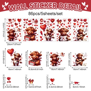 Détails du lot de 86 stickers muraux Vache Highland pour la Saint-Valentin et dimensions