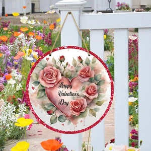 Panneau de porte en bois avec roses roses et texte Happy Valentine's Day festif