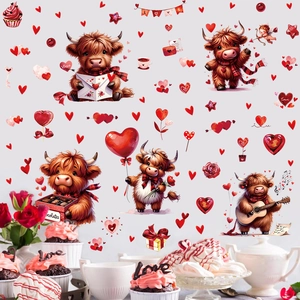 Stickers muraux Saint-Valentin vache Highland, cœurs aquarelle et animaux mignons