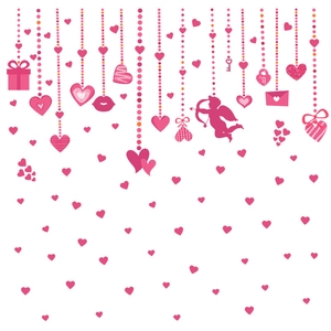 Pink Valentines Day wall stickers set featuring cupid hearts and gift boxes for window decor