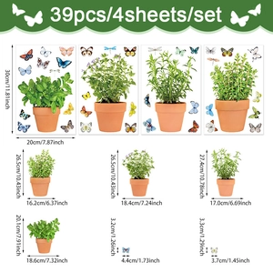 39pcs adhesive PVC wall stickers featuring green potted plants and colorful butterflies
