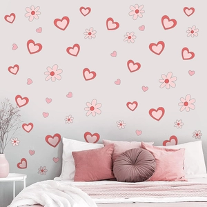 Adesivi murali con cuori rosa e margherite per camera da letto in materiale PVC adesivo