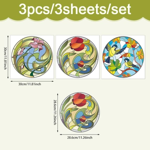 Set van 3 glas-in-lood raamstickers met kolibrie en bloemen voor moderne decoratie