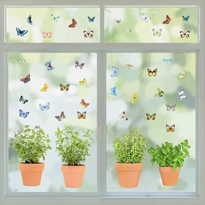 Self-adhesive PVC wall stickers with green plant pots and colorful 3D butterflies on a window