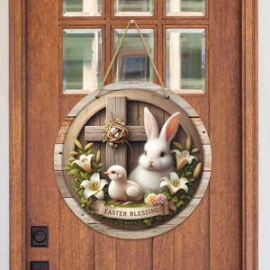 Rundes Oster-Türschild aus Holz mit Hasen und Lilien für eine frühlingshafte Deko