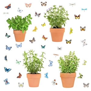 Self-adhesive PVC wall decals featuring green potted herbs and colorful 3D butterflies
