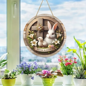 Rundes Oster-Türschild aus Holz mit Hase, Kreuz und Lilien Frühlings-Wanddekoration