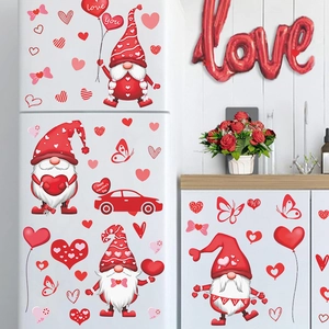 Valentine's Day gnome window stickers with hearts and cars on white background