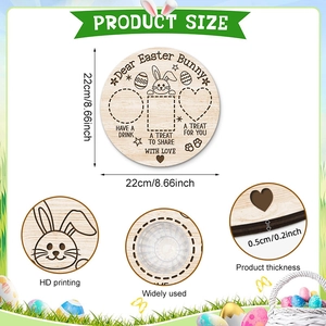 Round wooden Easter bunny treat board with printed egg patterns for kids snacks