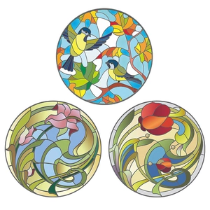Abstracte glas-in-lood raamstickers met kleurrijke vogels en bloemrijke tuinpatronen