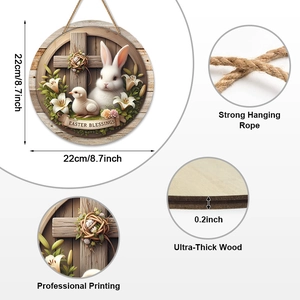 Ostersegen 22 cm rundes Holz-Willkommensschild mit Hase, Kreuz und Lilien-Motiv