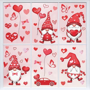 Valentine's Day gnome window stickers with red hearts and love balloons on white frame