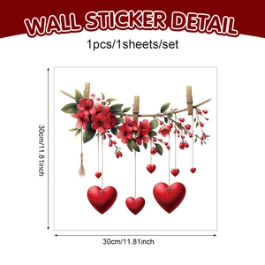 Detail view of 30cm heart wreath window sticker with red flowers and wooden clips