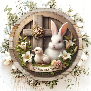 Ostersegen Holz-Türschild mit Hase, Küken, Kreuz und Lilien für die Frühlingsdeko