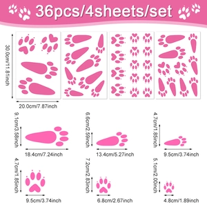 Detailed size chart for 36pcs pink bunny paw prints wall stickers with dimensions