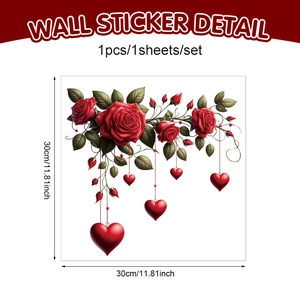 Detail showing 30x30cm Valentine window cling with red roses and hanging heart designs