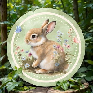 Easter wooden welcome sign featuring a realistic brown bunny and spring flowers