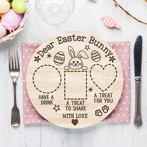 Engraved round wooden Easter bunny tray for snacks and drinks decoration