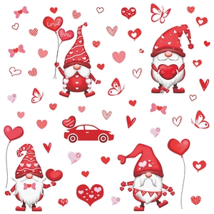 Valentine's Day gnome window stickers with red hearts and cartoon holiday car decoration
