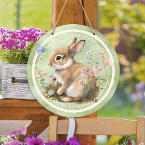 Easter Rabbit Flower Wooden Welcome Sign Round Poplar Wood Door Hanging Wall Art Pastoral Home Garden Decor Holiday Ornament