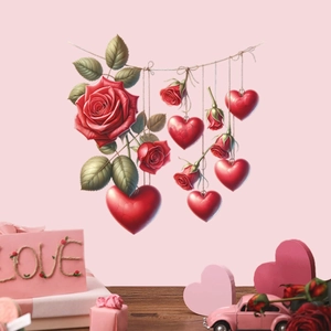 Detail of red rose wreath and heart pendants wall sticker for Valentine decoration