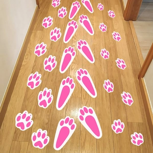 Easter Pink Bunny Footprint Floor Stickers PVC Cartoon Animal Paw Print Wall Decals For Holiday Party Home Decoration