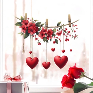 Valentine's Day window decals with red roses flower garland and hanging heart decor