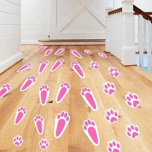 Pink Easter bunny footprint floor stickers for home holiday hallway decor
