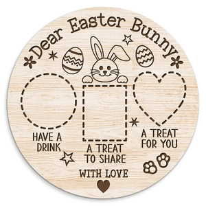 Round wooden Easter tray featuring Dear Easter Bunny engraving and snack sections