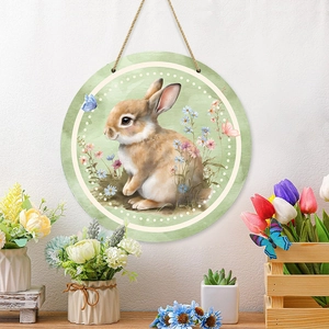 Easter wooden welcome sign featuring watercolor bunny and floral design on round door hanger