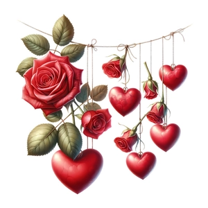 Romantic Valentine's Day window decals with red roses and hanging 3D heart decorations