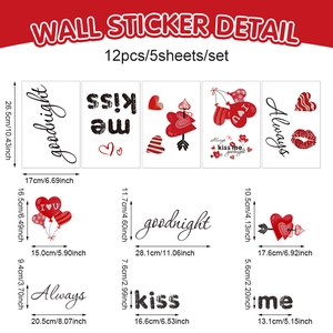 Detail view of Valentine's stickers with red hearts and Kiss Me text dimensions