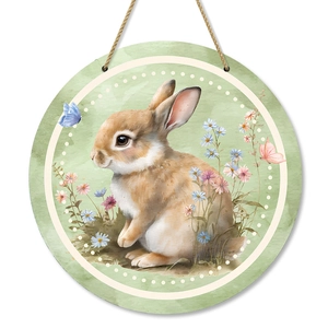 Easter wooden welcome sign featuring a cute brown bunny and spring flowers wall decor