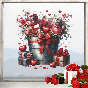Valentine's Day PVC window stickers with decorative rose bucket and heart gift box design