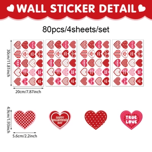 Detailed sheet layout of Valentine heart stickers with 80 pieces and size specifications