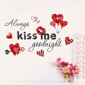 Romantic Valentine heart wall decals with Always Kiss Me Goodnight quote for home decor