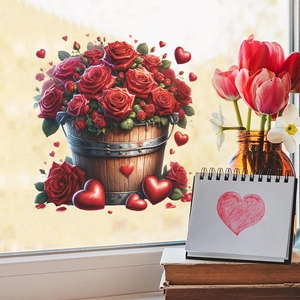 Romantic Valentine's Day window stickers with red roses and hearts for home decoration