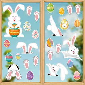 Easter Bunny Rabbit Eggs Wall Stickers Cartoon Animals Footprint Window Decals For Home Glass Refrigerator PVC Holiday Decor