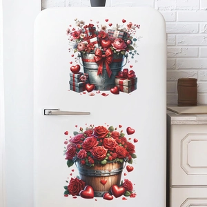 Valentine's Day PVC wall stickers set featuring flower buckets and red hearts on a fridge