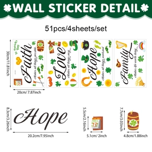 Vue détaillée des autocollants St. Patrick avec trèfles et 51 stickers muraux verts