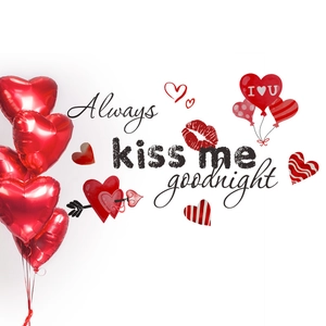 Romantic Always Kiss Me Goodnight wall decals with red hearts and Cupid arrows for bedroom decor