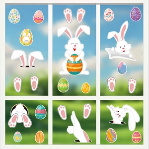 Easter bunny window decals set featuring cute rabbits and colorful eggs for glass decor