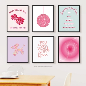 Set di 6 poster da parete nordici rosa con fiocco e ciliegia per decorazione camera da letto