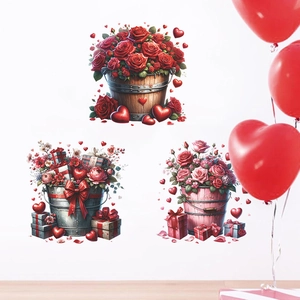Valentine's Day Wall Stickers PVC Rose Heart Flower Illustration Decal Removable Window Clings For Wedding Home Decoration