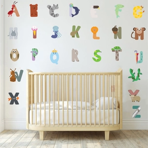 Alphabet wall decals with cartoon animals for nursery decoration and early learning