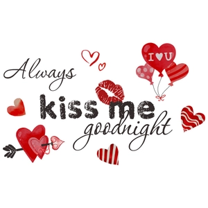 Watercolor Valentine wall decals featuring Always Kiss Me Goodnight and red heart balloons