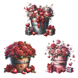 Valentine's Day stickers showing red roses in buckets and hearts for window decoration