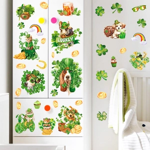 St. Patrick's Day window stickers featuring festive animals and green shamrocks on white walls