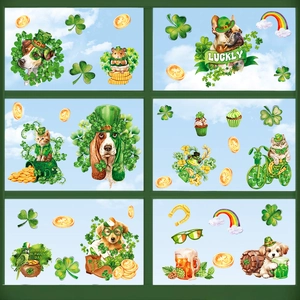 St. Patrick's Day window stickers with festive pets, shamrocks and lucky gold coins