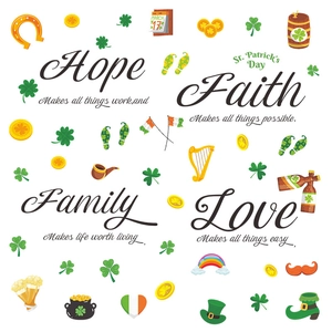 Stickers muraux Saint-Patrick avec trèfles et citations de famille et d'espoir irlandais